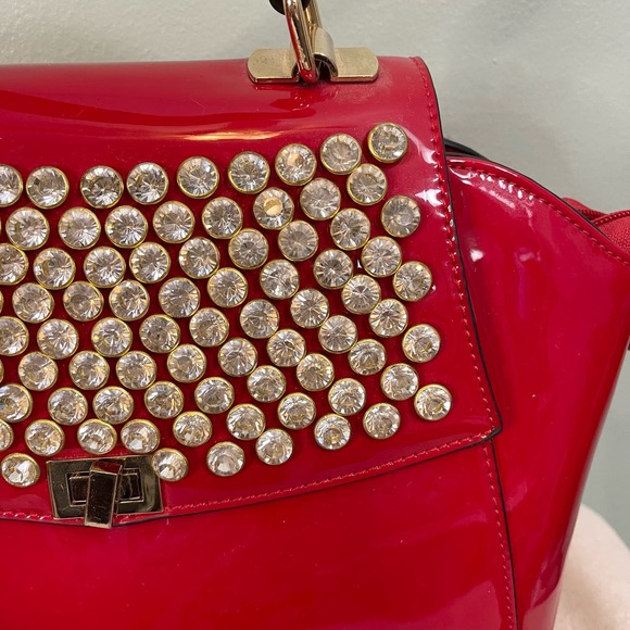 ORLI Collection Womens Crossbody Shoulder Bag Rhinestones Patent Leather Red - Picture 10 of 10